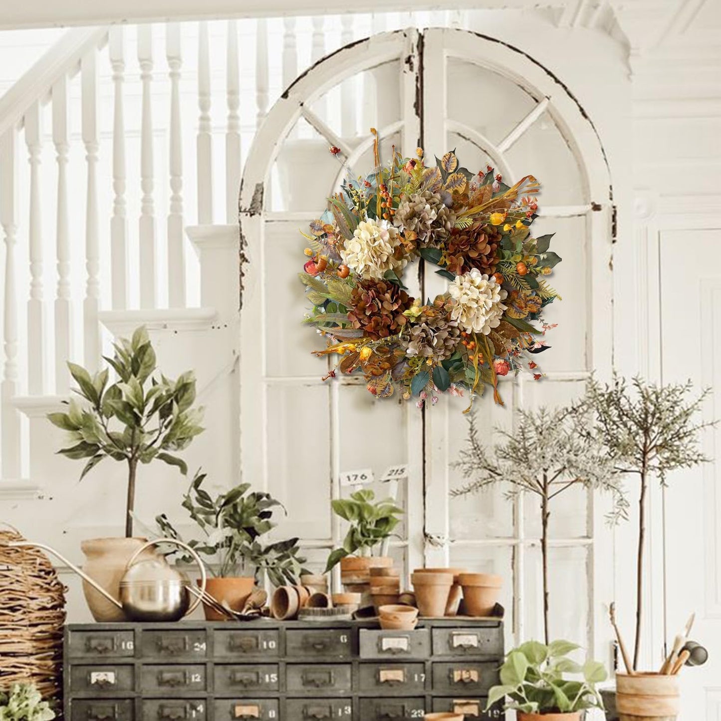 WANNA-CUL 24 Inch Fall Wreath - Hydrangea & Little Pumpkins | Seasonal Home Decor for Autumn & Thanksgiving