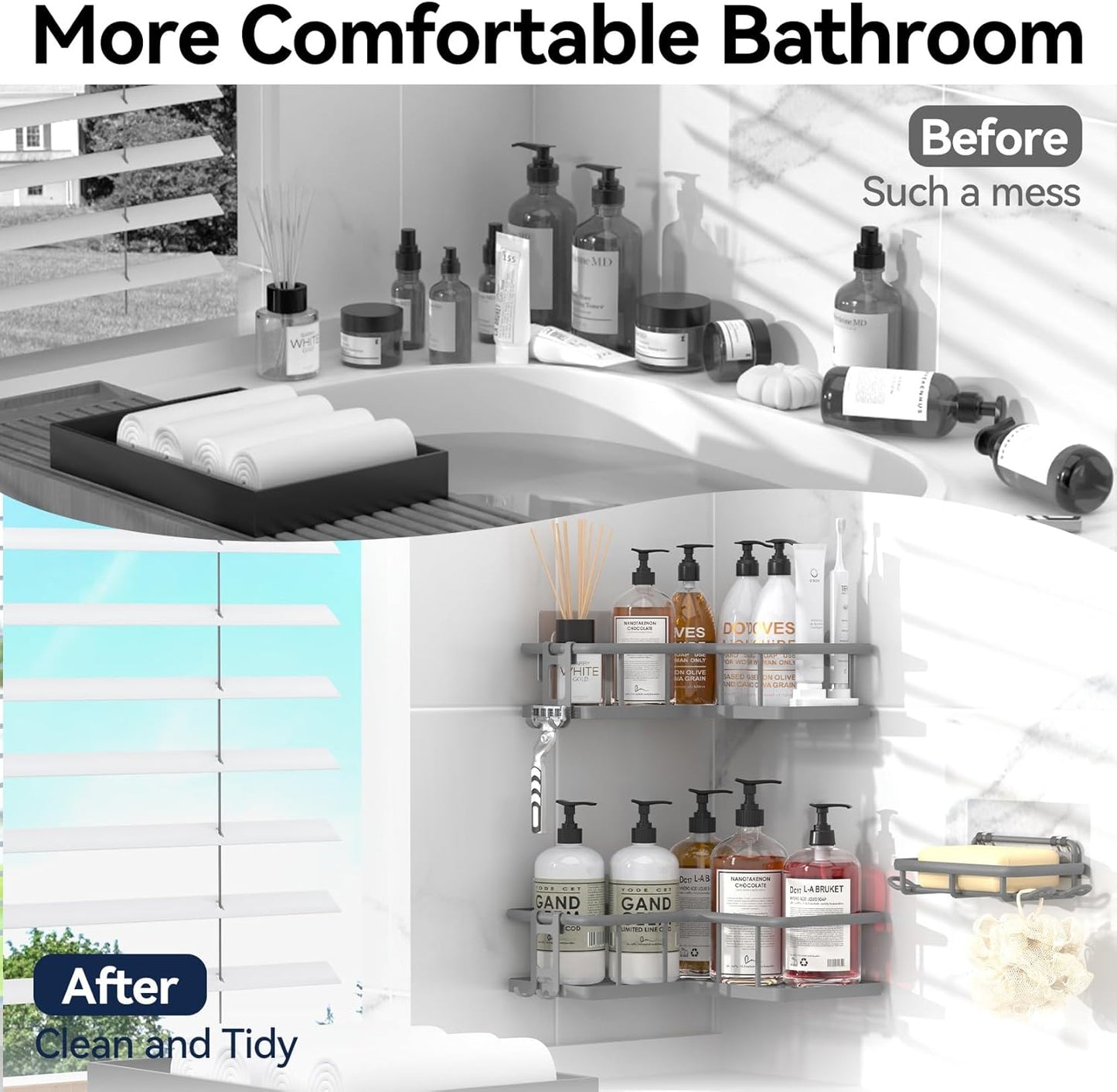 YASONIC Shower Caddy - 3-Pack Rustproof Stainless Steel Corner Shelves with Soap Holder | No Drilling, Grey