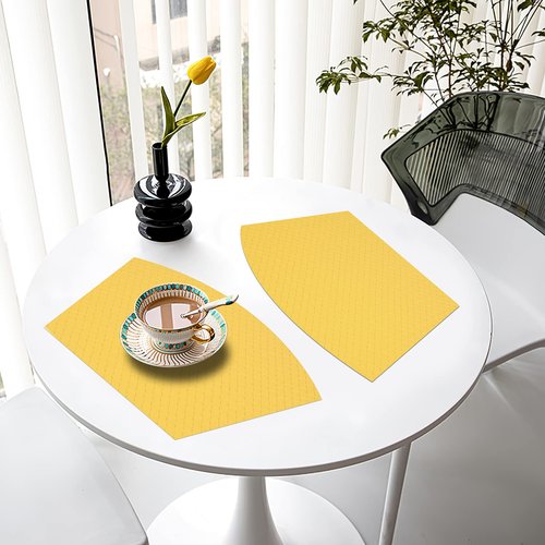 Homaxy Faux Leather Strip Woven Round Table Placemats, Set of 6 Heat Insulation Stain Resistant Non-Slip Table Mats for Kitchen Table, Washable Wipe Clean Fan Shape Wedge Place Mats, Yellow