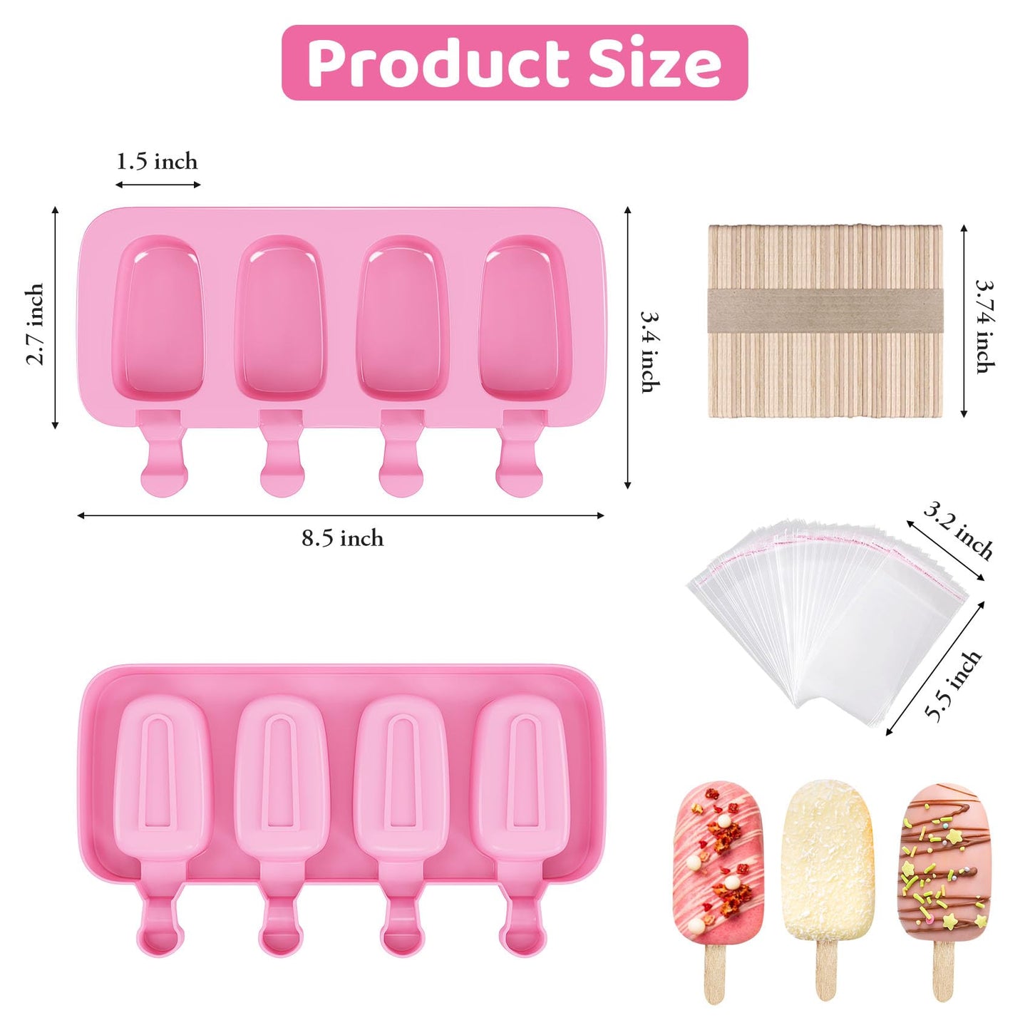 Ouddy Life Popsicle Molds Set of 2, Ice Pop Molds Silicone 4 Cavities Ice Cream Mold Oval Cake Pop Mold with 50 Wooden Sticks for DIY Popsicle, Pink