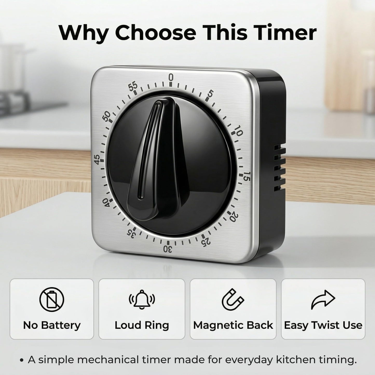 Searon Mechanical Kitchen Timer, Magnetic Manual Countdown Timer with Loud Ring, Stainless Steel, No Battery Needed, Easy to Use for Cooking and Baking