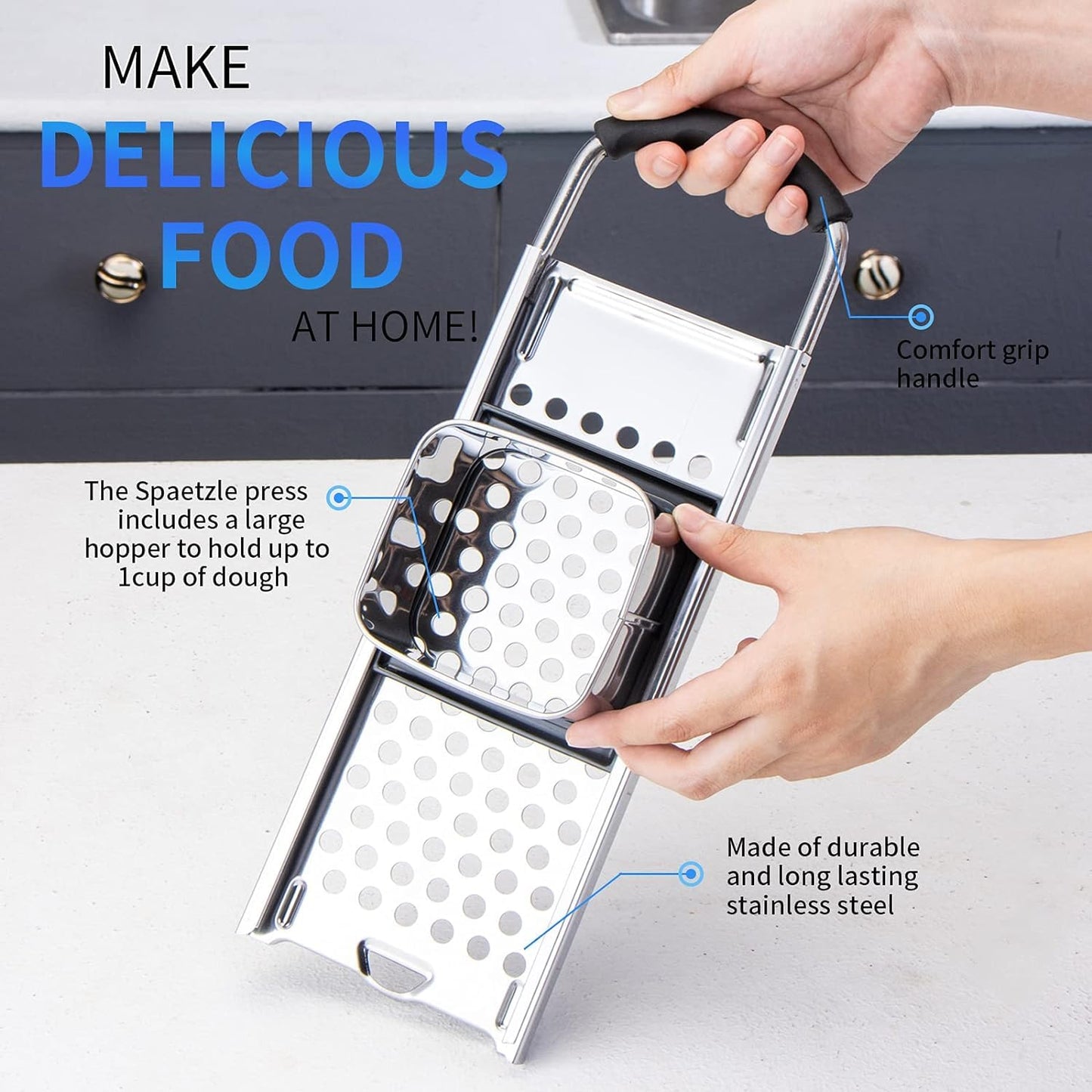 Mlesi Premium Grade Stainless Steel Spaetzle Maker Widen Plastic Handle Homemade Egg Noodle Dumpling Perfect Sized for pots and Pans Making Tool