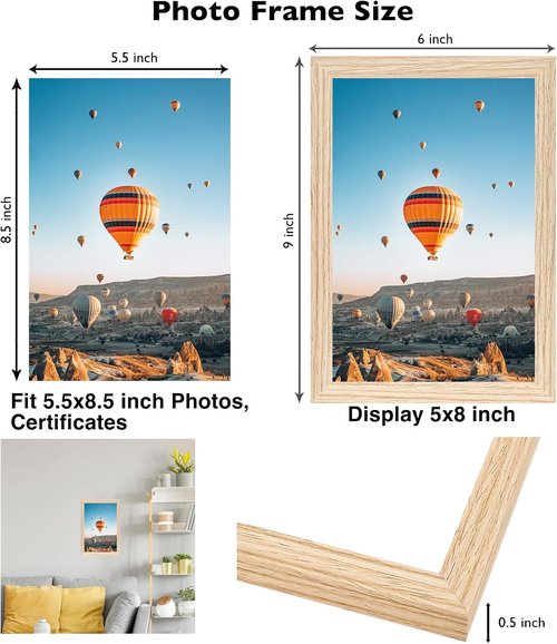 JCJMY Picture Frame - 5.5x8.5 Wall Mount or Tabletop Display | Shatter-Resistant Plexiglass, Natural Finish