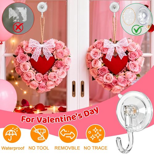 HEYHOUSE Wreath Hangers - Clear Suction Cup Hooks for Front Door | Removable & Reusable, 4 Pack