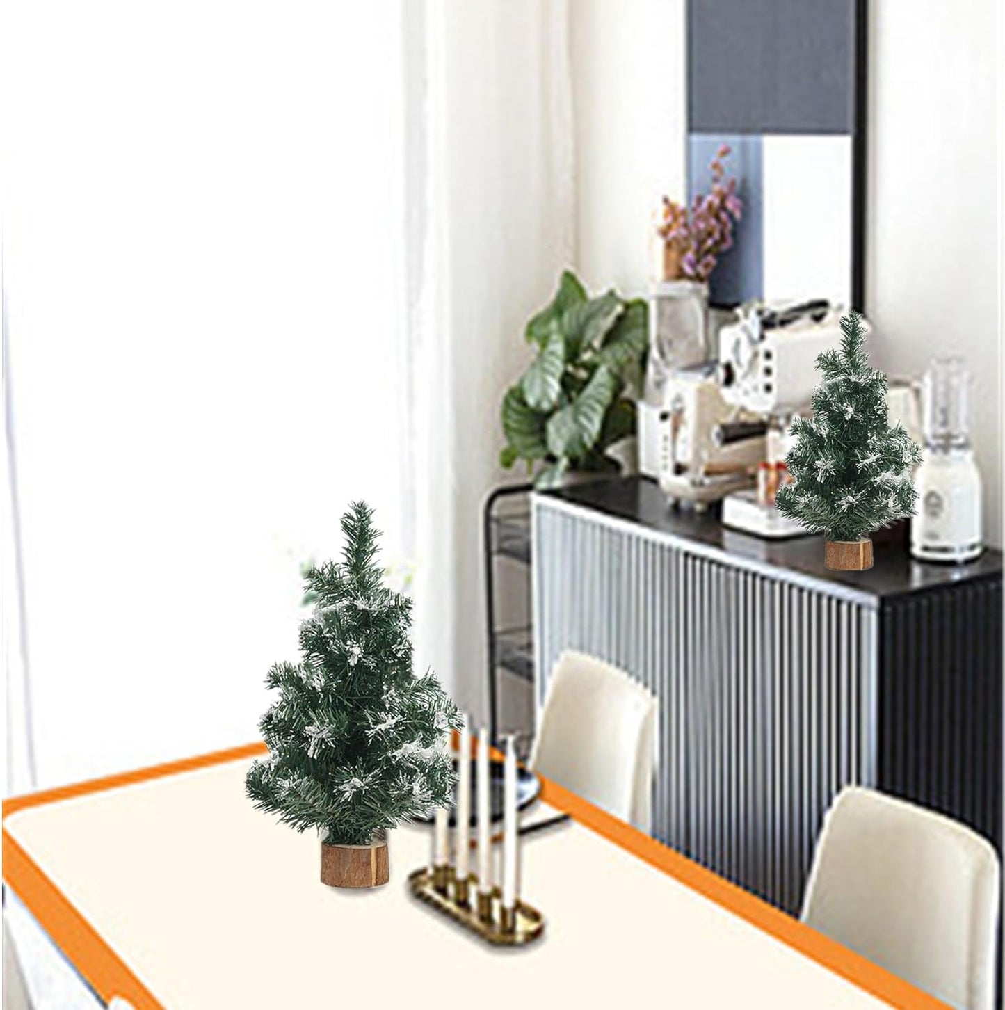 Mini Christmas Trees by Simulated Snow - 4pcs Tabletop Pine Decor with Wooden Base | 7.87/11.81 Inch