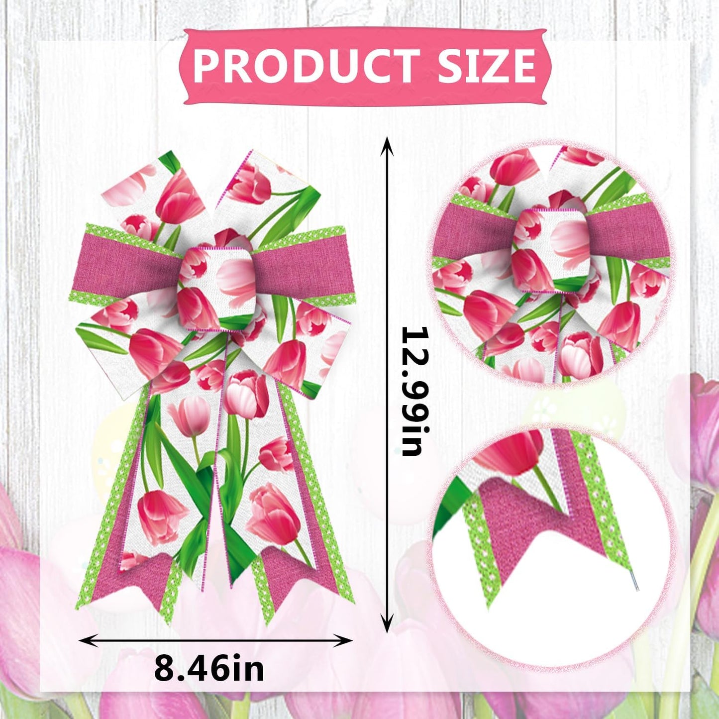 Threetols Floral Wreath Bows - 2 Pack Pink Tulip Decorative Bows for Indoor/Outdoor Home & Garden Decor