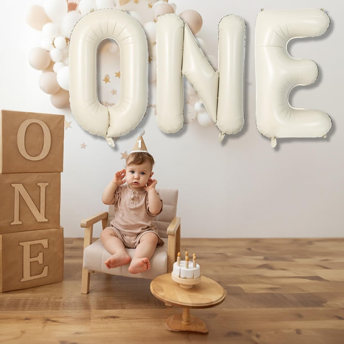 40 Inch Beige One Balloons for 1st Birthday, Cream White Sand One Balloon Letters with Ribbon, Neutral Ivory Alphabet One Balloon for Boys Girls First Birthday 1 Year Old Baby Shower Party Decorations