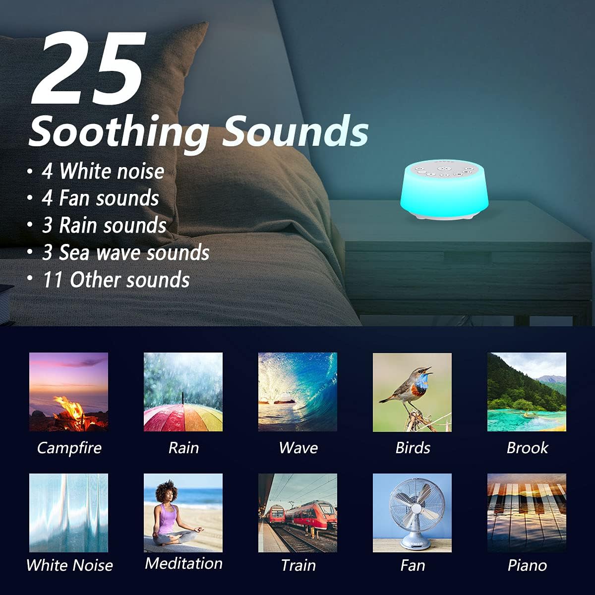 Skiennix Color Noise Sound Machine - 10 Colors, 25 Soothing Sounds, Adjustable Brightness & Volume Levels for All Ages