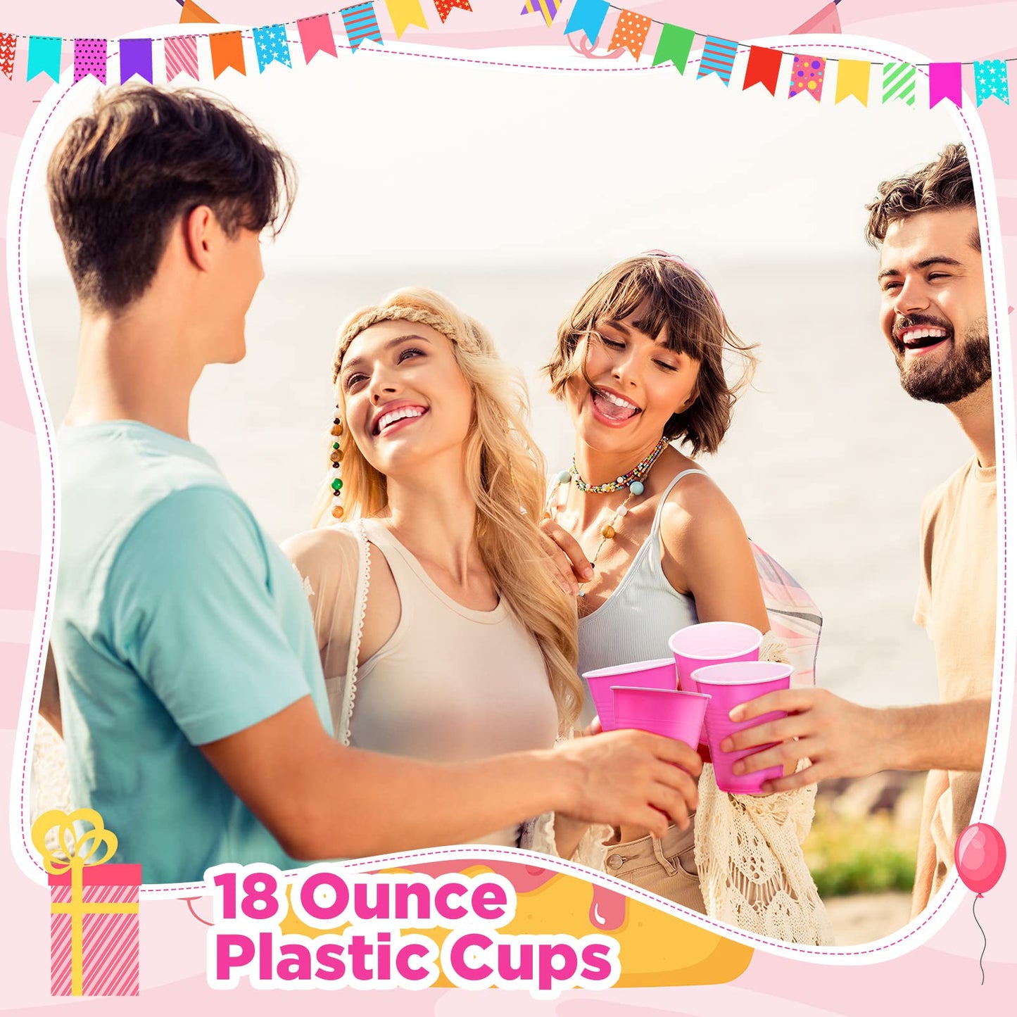 Yinder 50 Count Pink Party Cups 18 Ounce Disposable Plastic Cups for Wedding Birthday Party Beverage Drinking Water Containers for Indoor Outdoor Event Bachelorette Camping(Pink and White)