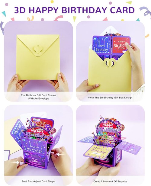 3D Birthday Gift Box - Unique Pop-Up Card with Blank Greeting Card & Envelope for Women