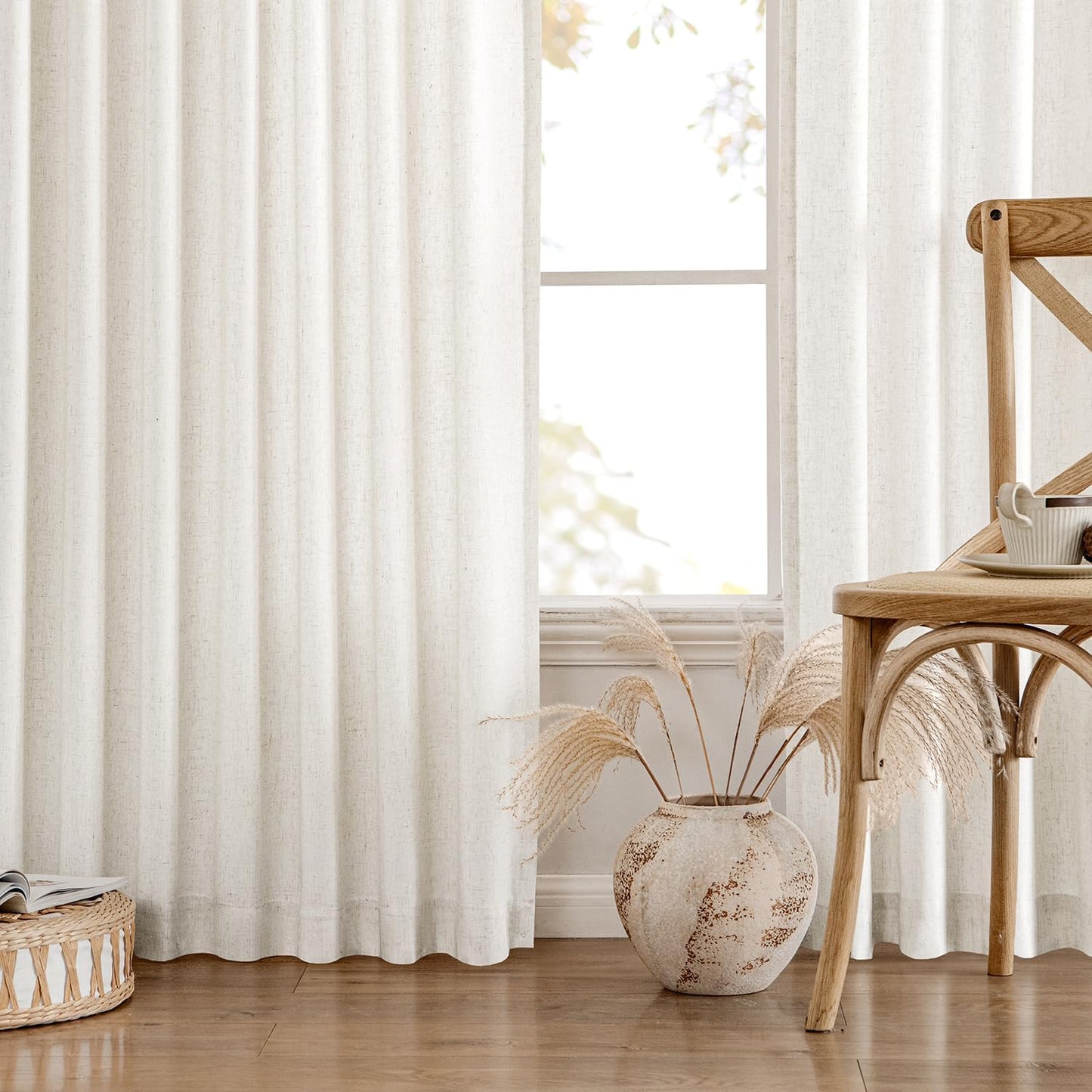 MIULEE Privacy Linen Curtains - Light Filtering Semi-Sheer Drapes for Bedroom & Living Room | 52 x 84 Inches, Natural White