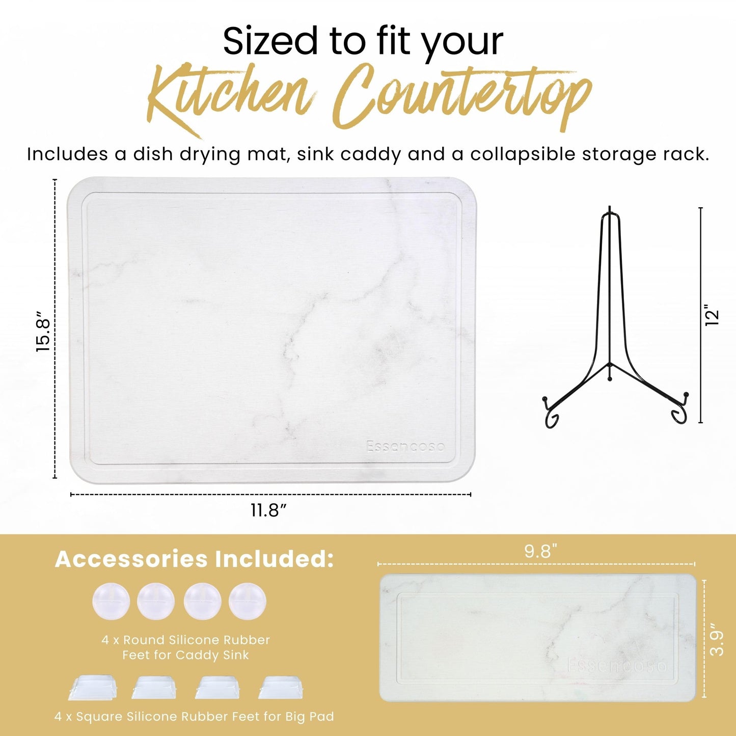 Essencoso Stone Drying Mat For Kitchen Counter - 11.8" x 15.7" Water Absorbing Stone tray For Sink, Metal Rack and Kitchen Sink Caddy | Diatomaceous Earth Food Grade | Drying Stone For Kitchen counter