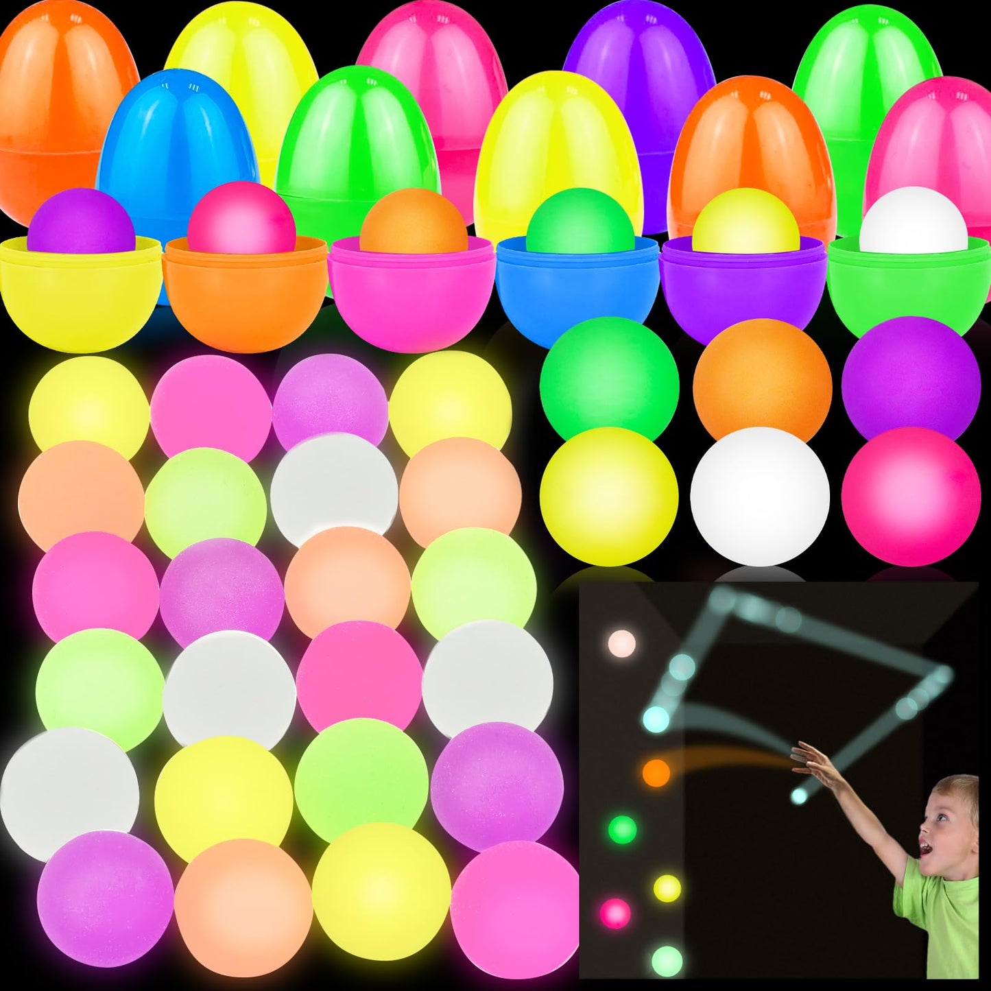 Easter Basket Stuffers 24 Pack Prefilled Easter Eggs with Glow in The Dark Bouncy Balls 6 Colors High Bouncy Ball Stress Relief Fidget Toys Easter Eggs Filled Hunt Party Gift for Kids Boys Girls Teens