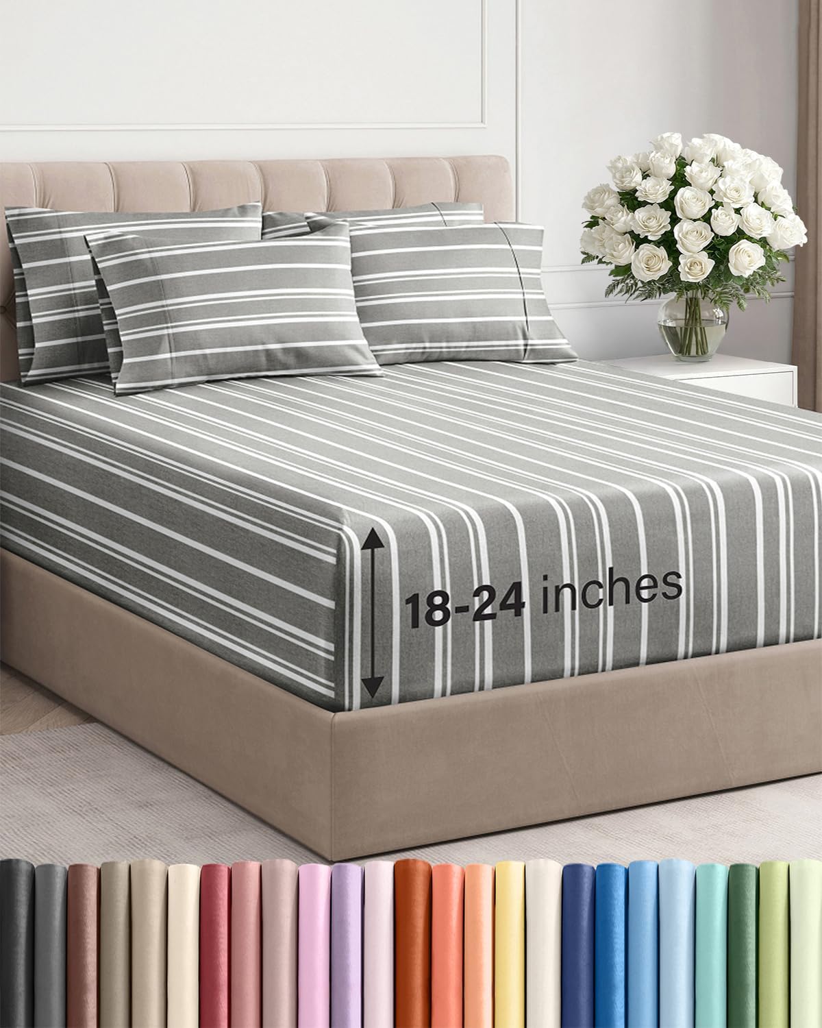 Skiennix Extra Deep Queen Sheet Set - 6-Piece Breathable Cooling Bedding - Soft, Wrinkle-Free Grey Stripes