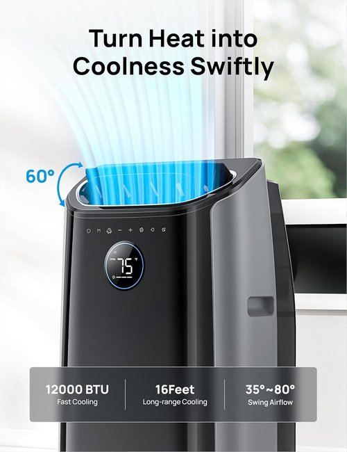 DREO 12,000 BTU Portable Air Conditioner - Quiet 46dB Cooling with Smart Features & 24h Timer | AC515S