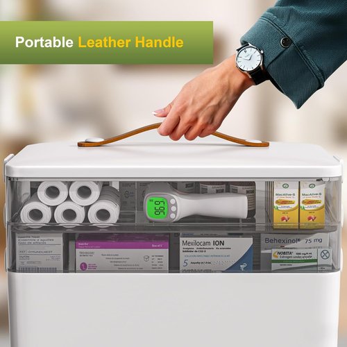 JOYBOS 3-Tier Medicine Storage Box - Portable First Aid Kit Organizer with Leather Handle for Home