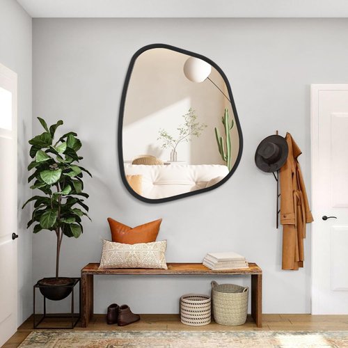 Black Asymmetrical Mirror Large 26"x18" Irregular Oval Wall Mirror Modern Wood Frame Unique Shape Wall Mounted Vanity Artistic Mirror Decorative for Living Room Bedroom Bathroom Entryway Hallway