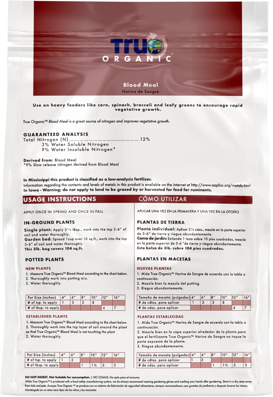 True Organic Blood Meal - High-Nitrogen Fertilizer for Rapid Growth - 3lb Bag Covers 104 Sq. Ft.