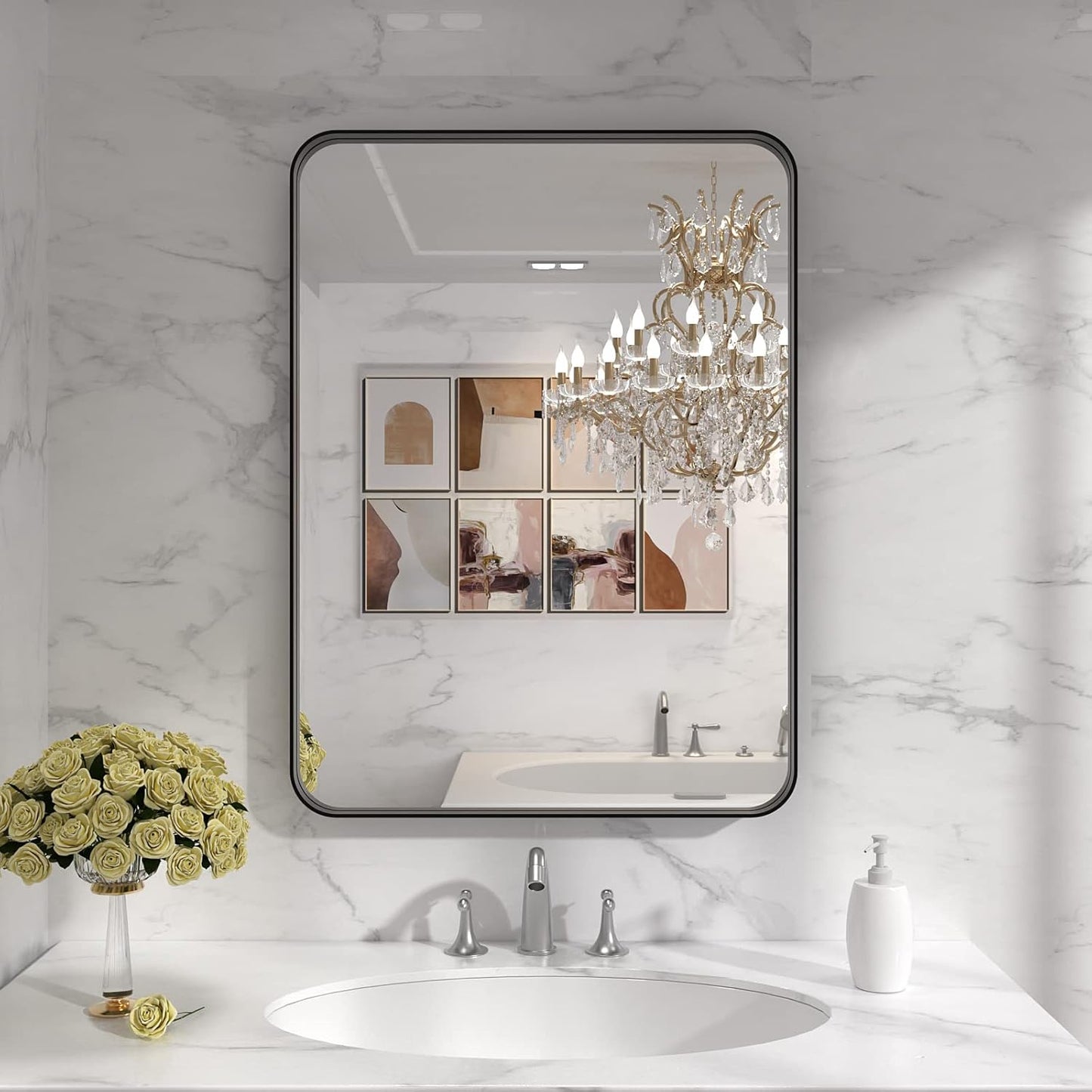 LOAAO Black Metal Framed Bathroom Mirror - 22x30 Inch Rounded Rectangle | Anti-Rust, Versatile Hanging Options