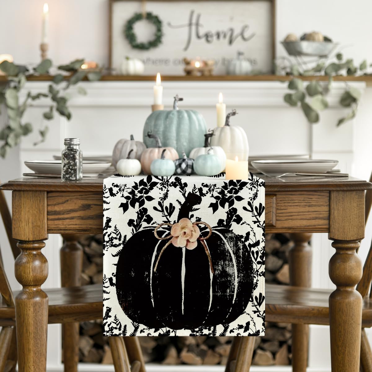 Artoid Mode Pumpkin Leaves Darkness Flower 210 GSM Fall Table Runner, Seasonal Autumn Kitchen Dining Table Decoration for Home Party Decor 13x90 Inch