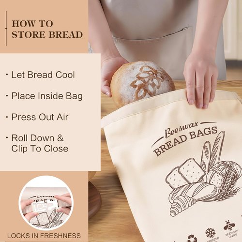 Aofmee Beeswax Bread Bags - XL Reusable Sourdough Bags for Fresh Homemade Bread | 2 Pack Natural Cotton