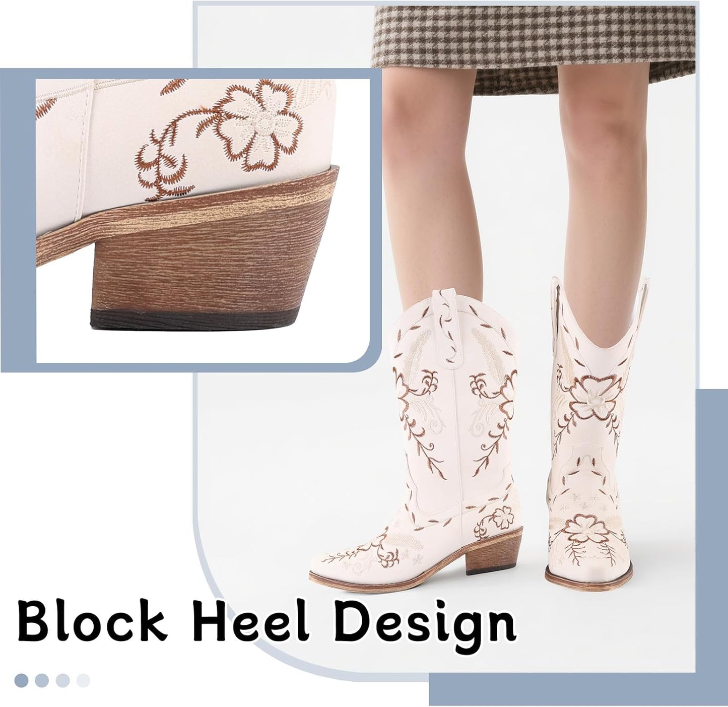 LingxiaUne Western Cowboy Boots - Stylish White Mid Calf Cowgirl Boots with Bow | Comfortable Chunky Heel