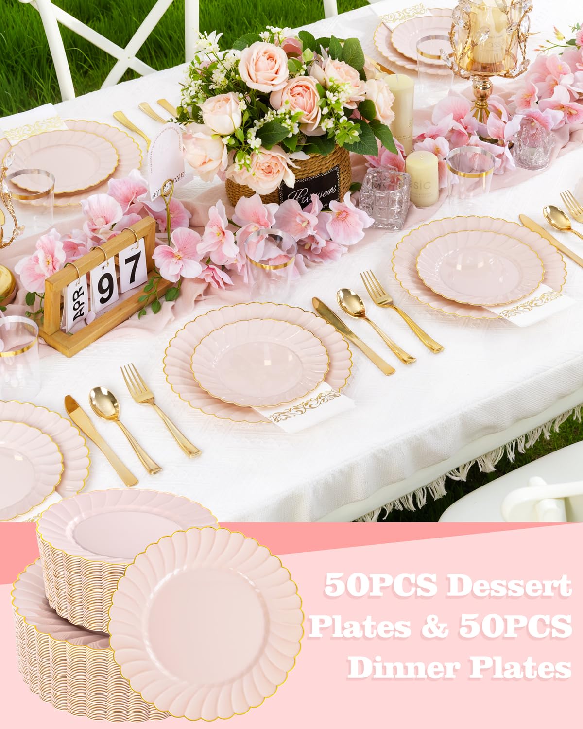 YOUBET 100PCS Pink Scalloped Plastic Plates - Heavy Duty Gold Disposable Fancy Hard Plates Include 50 Dinner Plate, 50 Dessert Plate, for Wedding & Party Mothers Day