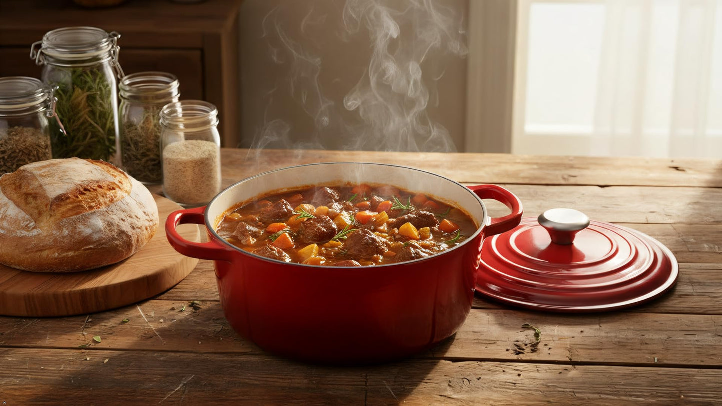 Klbra Rise Cast Iron Dutch Oven Pot with Lid – Deep Cooking Pot for Bread, Stews, Casseroles – Oven Safe Cookware, Kitchen Essential & Wedding Gift – Compatible with All Heat Sources (Red)