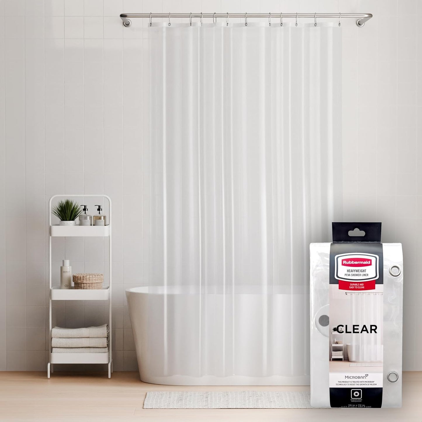 Rubbermaid Waterproof PEVA Shower Curtain Liner - Heavyweight with Magnets & Rustproof Grommets | 70x72 Clear