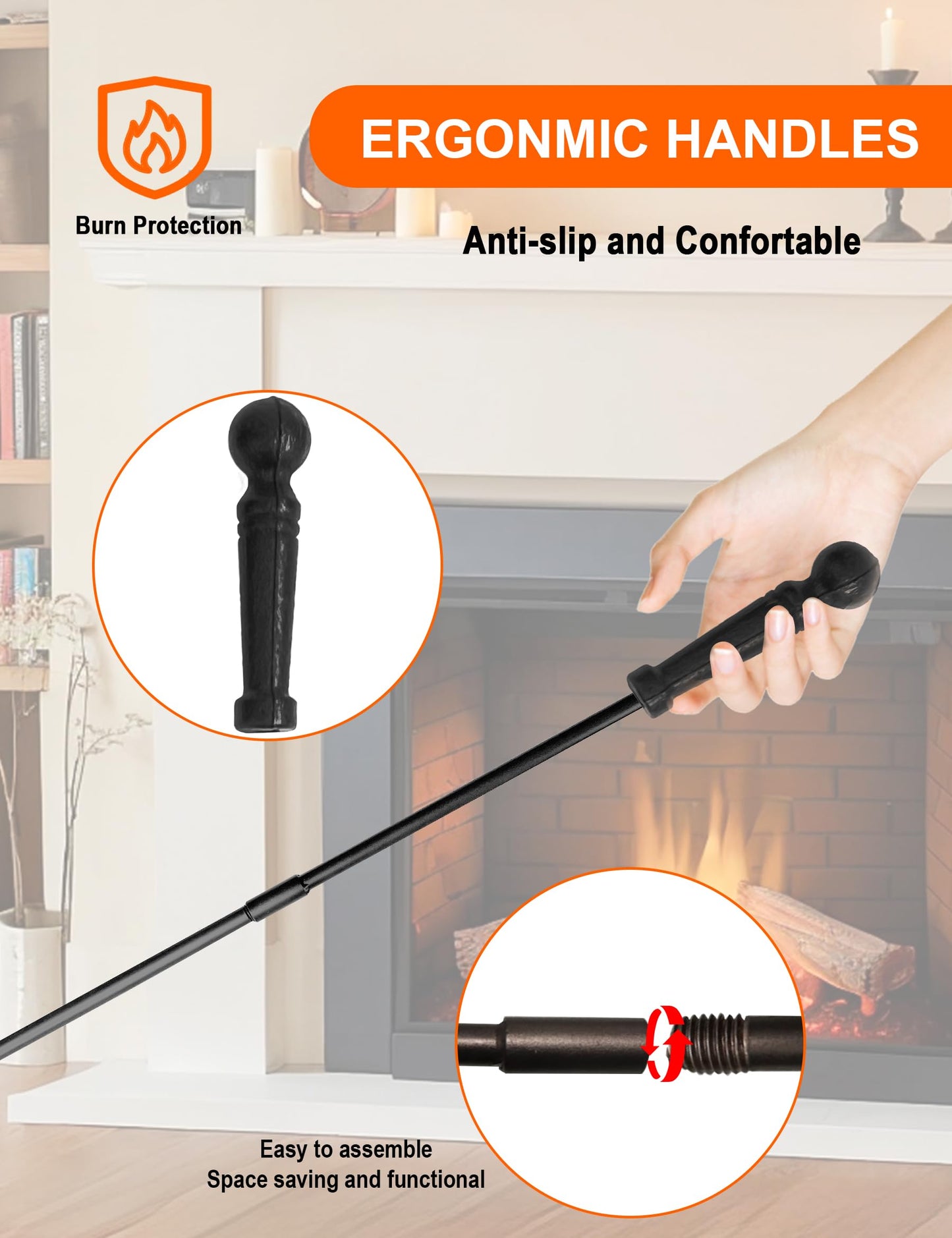 VODA Fireplace Tools Set 5 Pieces 31.5In Cast Iron Indoor Fireside Accessories Large Fire Place Tool Set Outdoor Holder Fire Kit Stand Wood Stove Log Shovel Brush Tong and Fireplace Poker