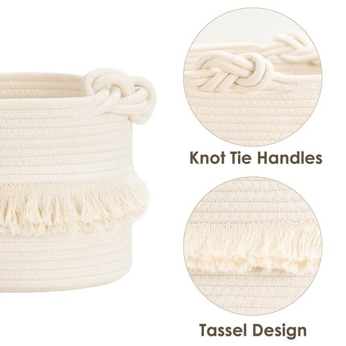 CherryNow Woven Storage Baskets - 9.5'' x 7'' Cotton Rope Hamper for Diapers, Blankets & More | Off-White with Cute Tassel