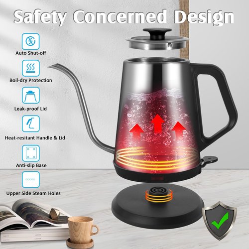 1L Electric Gooseneck Kettle, Tea Kettle for Boiling Water, Gooseneck Electric Kettle for Coffee & Tea, Fast Boiling for Pour Over, Auto Shut-Off, Boil-Dry Protection, 360° Rotational Base - Silver