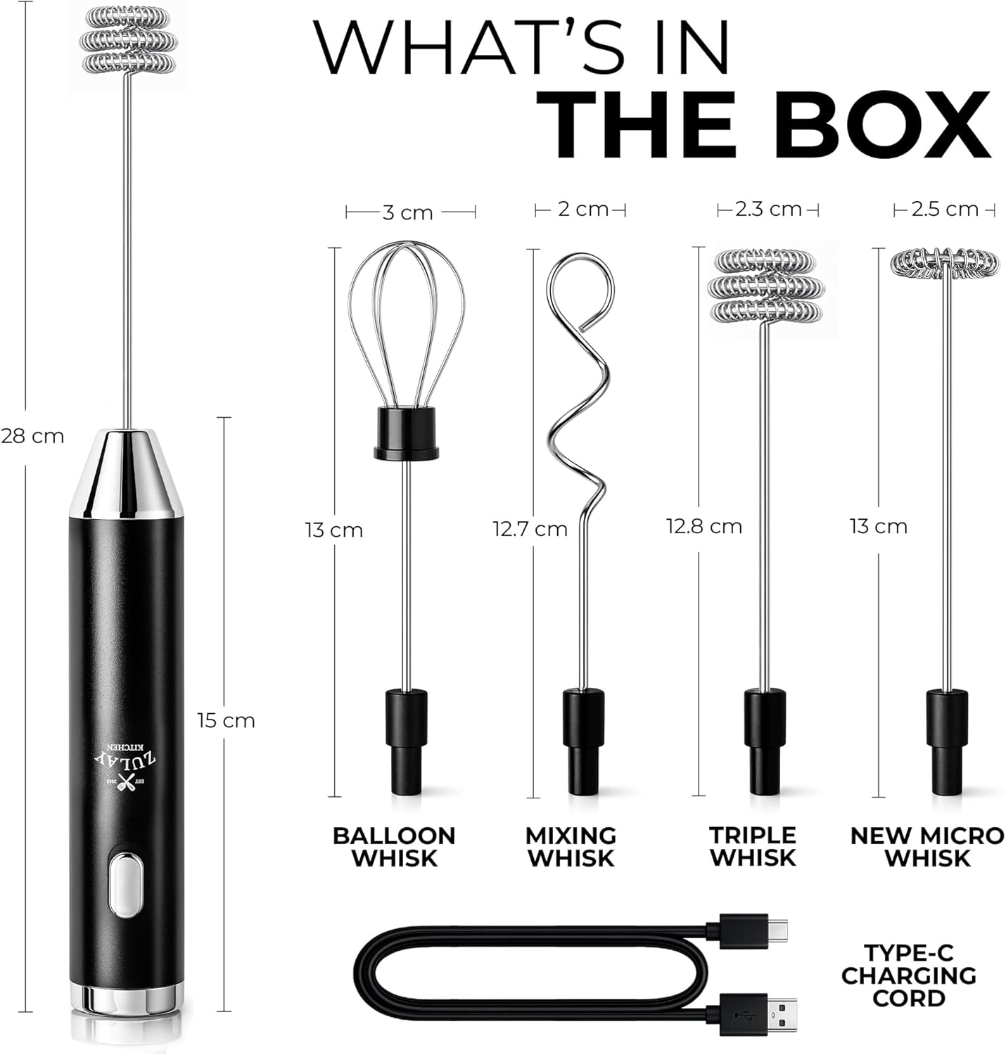 Zulay Kitchen Rechargeable Milk Frother - Handheld Electric Mixer with 3 Whisk Attachments | USB-C Charging, Lasts Up to 6 Months