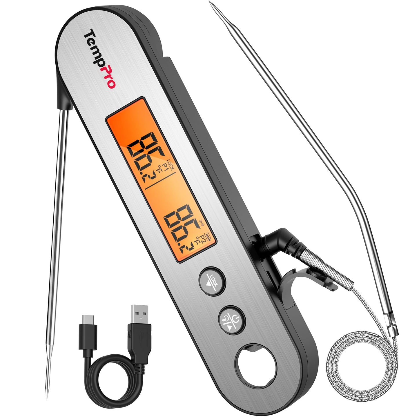 TempPro TP610 Rechargeable Instant Read Thermometer for Cooking, Stainless Steel Meat Thermometer Digital with Alarm, Waterproof Cooking Thermometer for Grill, Smoker, BBQ, Oven(Previously ThermoPro)