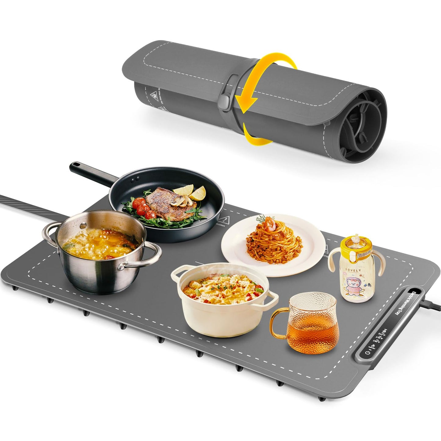 Food Warming Mat, Full Surface Heating Silicone Electric Warming Tray with 3 Level Temperature Settings, Auto Shut-Off, Foldable Roll Up Food Warmer for Parties Buffets, Gatherings