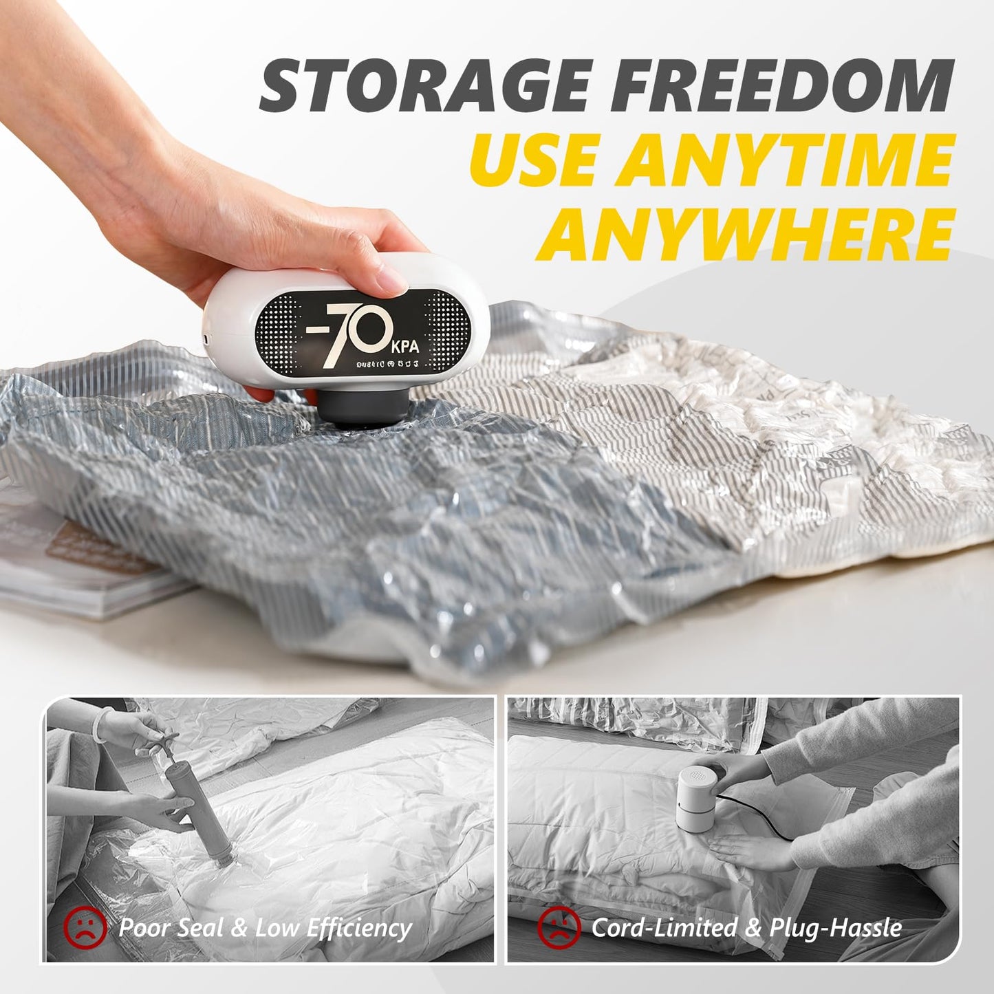 15 Pack Vacuum Storage Bags with -70KPa Electric Pump, Premium Tear-Resistant Reusable Bags for Clothing, Space Saving Essentials for Travel, White