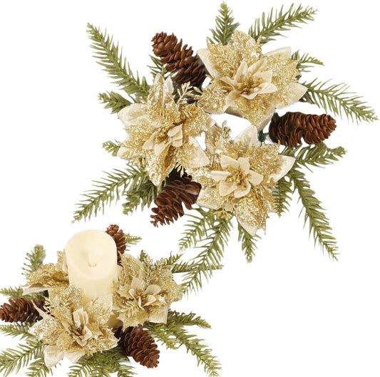 Regine Switzerland Christmas Candle Ring - Gold Glitter Poinsettia & Pinecone Garland | Holiday Table Decor