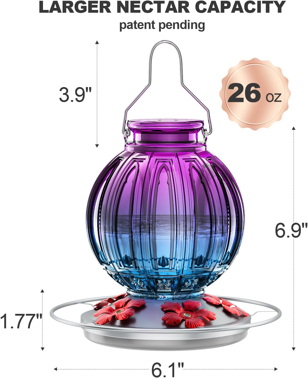 Skiennix Glass Hummingbird Feeder - 26Oz Outdoor Nectar Feeder with Perch & 5 Feeding Ports | Purple Blue