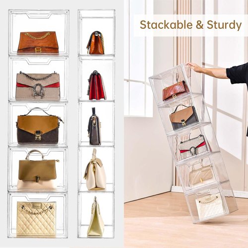 Freebat Stackable Storage Bins - Clear Acrylic Display Case | 5-Pack Storage Boxes with Lids for Handbags & Collectibles