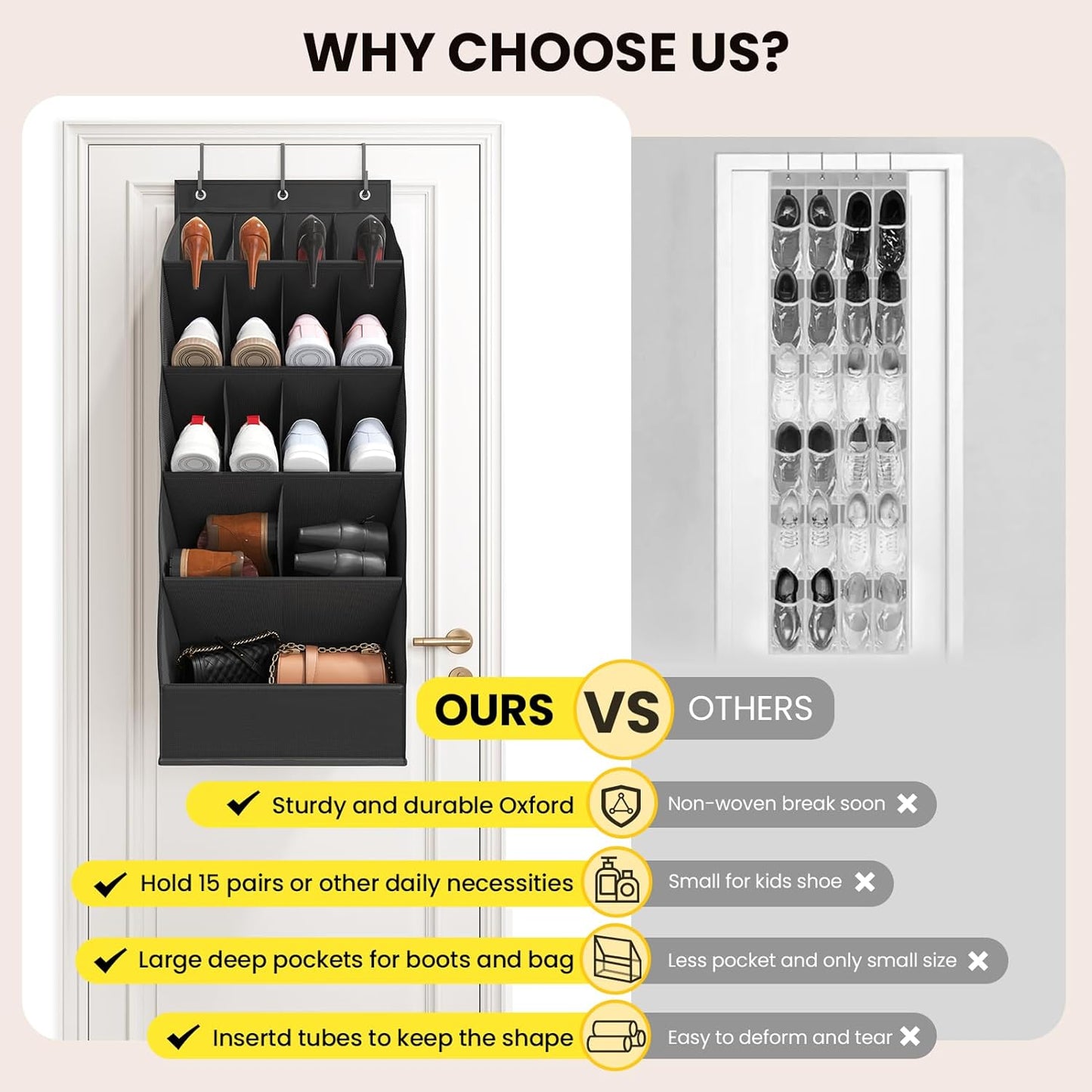Over The Door Shoe Organizer by [Brand Name] - 18 Pairs Capacity with Large Breathable Pockets | Black
