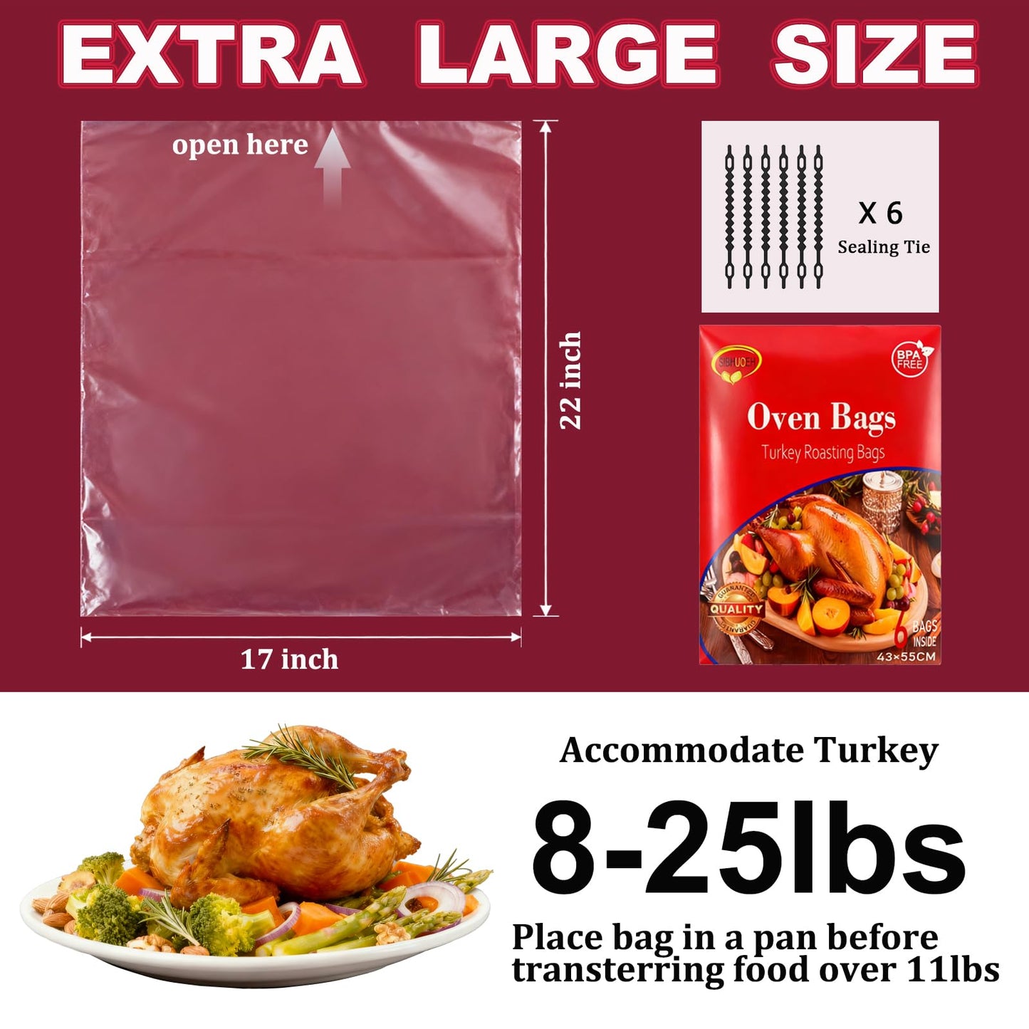 Turkey Oven Bags,Large Size 17’’ x 22’’, Oven Bags for Roasting, Turkey Bags Roasting Chicken, Meat & Fish Multi Purpose Cooking Bags, 12 Counts