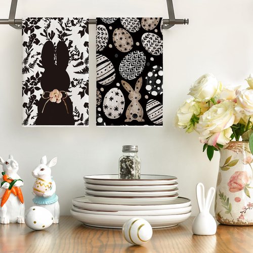 Artoid Mode Black Bunny Eggs Flower Easter Kitchen Towels Dish Towels, 18x26 Inch Spring Farmhouse Leaves Decoration Hand Towels Set of 2