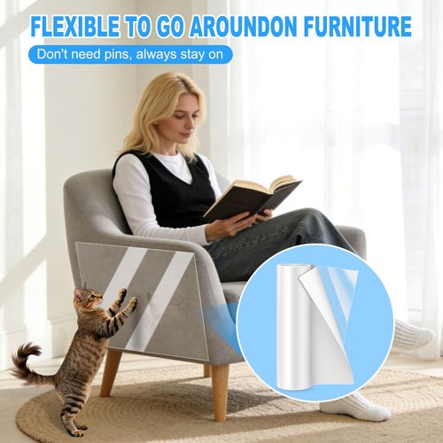 Anti Cat Scratch Furniture Protector Premium Reusable Thickened Clear Transparent Single-Sided Sticky Couch Guard Repositionable Cat Claw Deterrent Tape for Sofas Tables etc (196.85x11.8in)