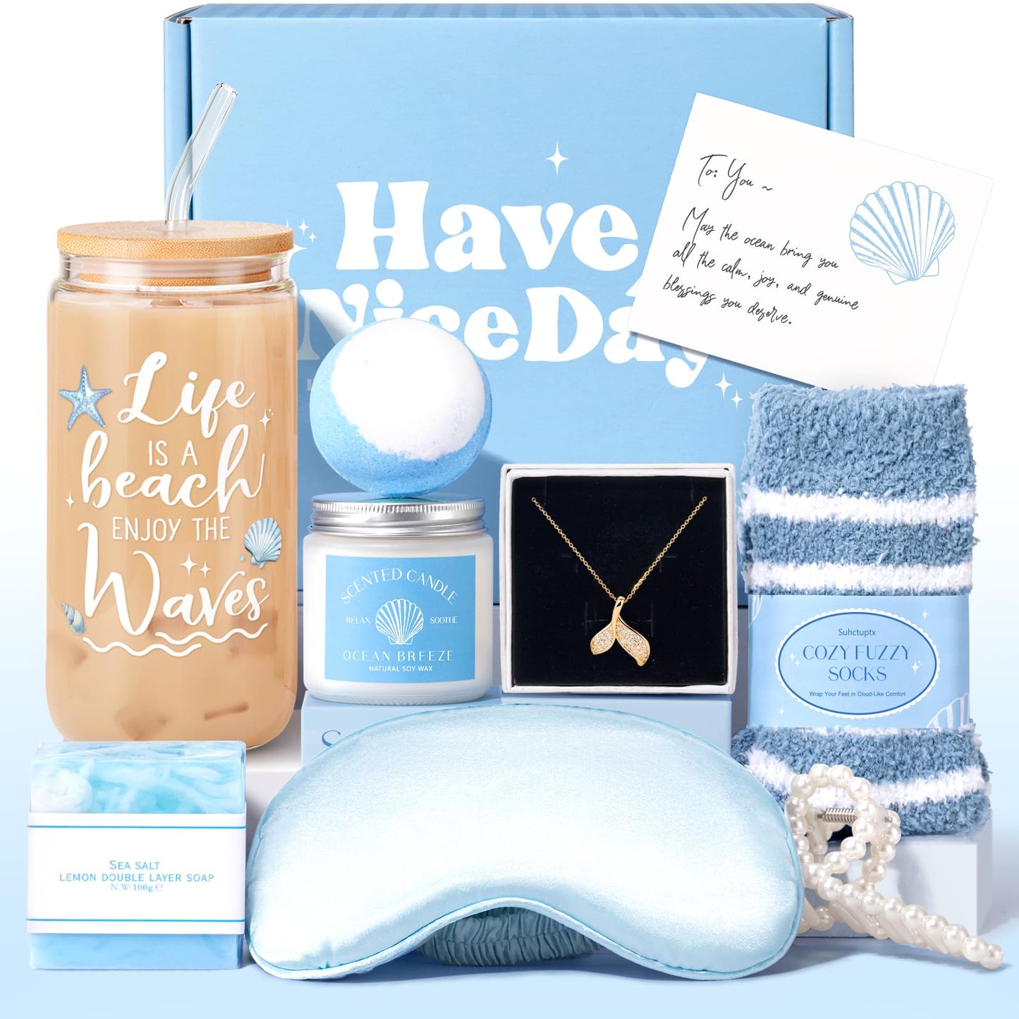 Gift Baskets for Women, 9pcs Unique Happy Birthday Gifts for Women, Best Ocean Christmas Gifts Ideas Relaxing Spa Set Blue Inspirational Get Well Box for Her Sister Friend Friendship Mom