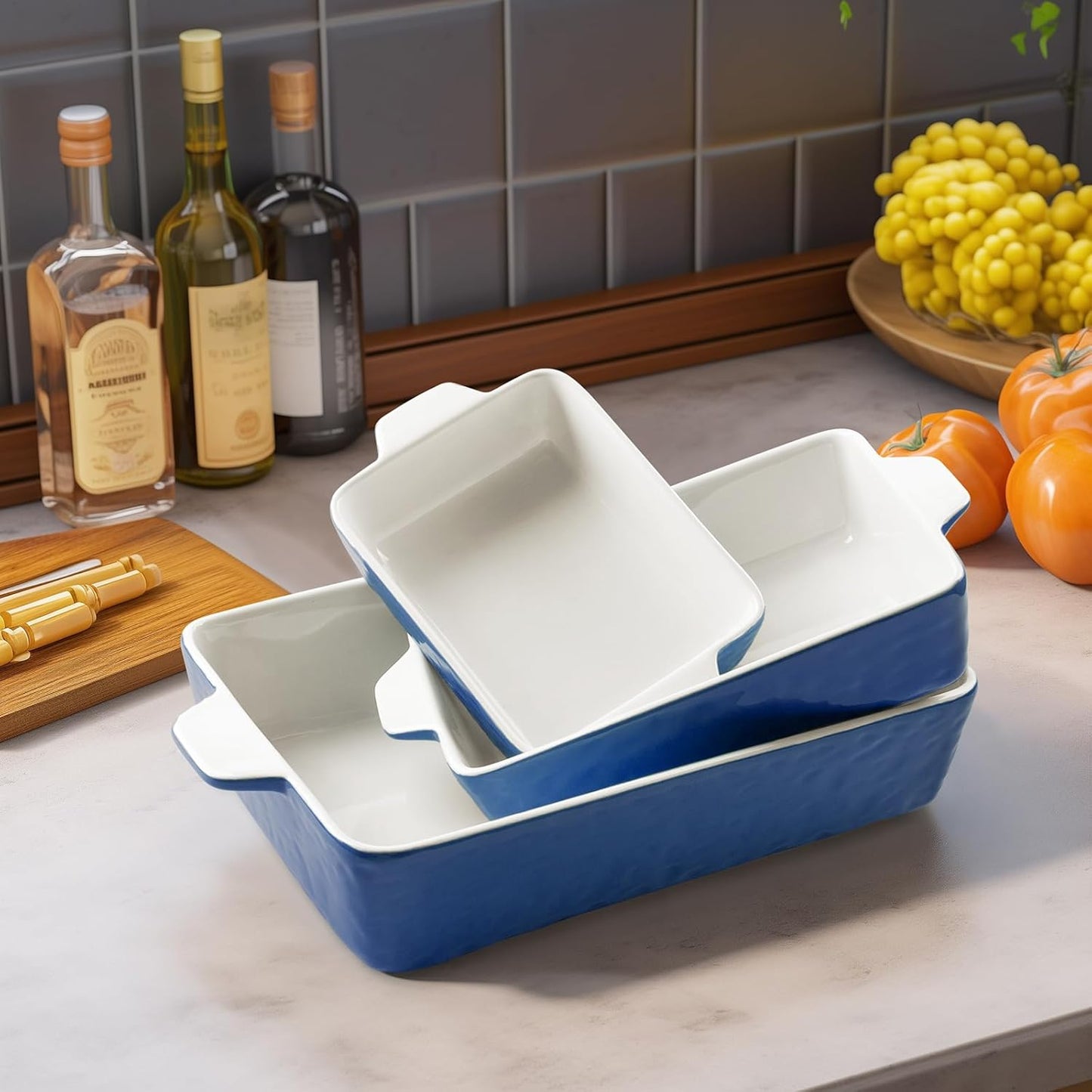 Regine Switzerland Casserole Dishes - Ceramic Baking Pan Set of 3 | Deep Porcelain Lasagna Dish (11.6" x 7.8", Dark Blue)