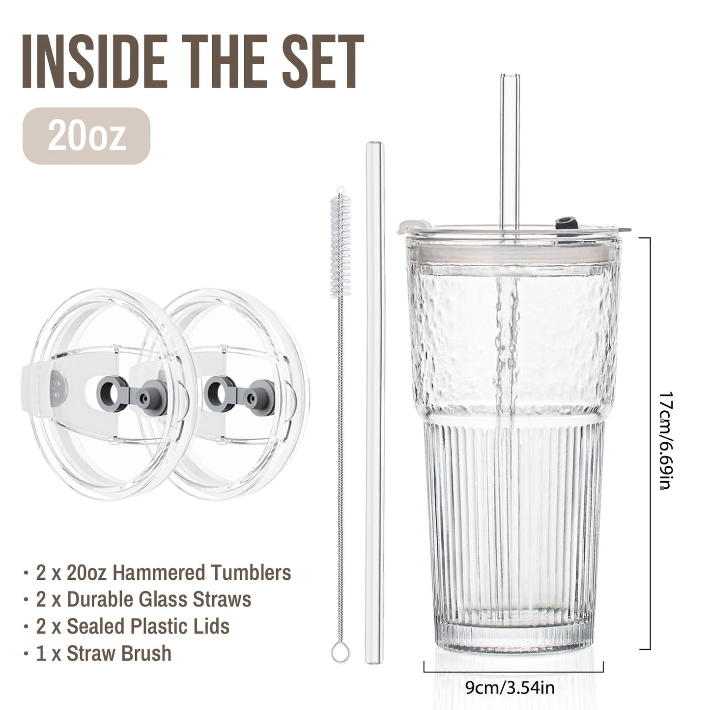 SoulTimes 20oz Glass Tumblers with Lids and Straws, Set of 2 - Stylish Ribbed Design Drinking Glasses for Iced Coffee Cups, Juice, Smoothies, Cold Beverages, Includes Cleaning Brush, Durable Glassware