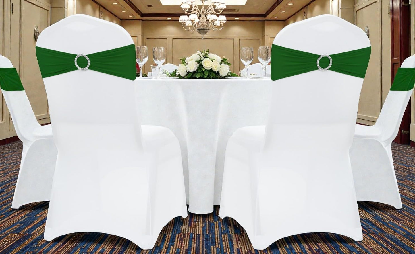 MDS Premium Spandex Chair Sashes - Stretchy Bow Covers with Buckle Slider | Universal Fit for Weddings & Events - Green (Pack of 100)