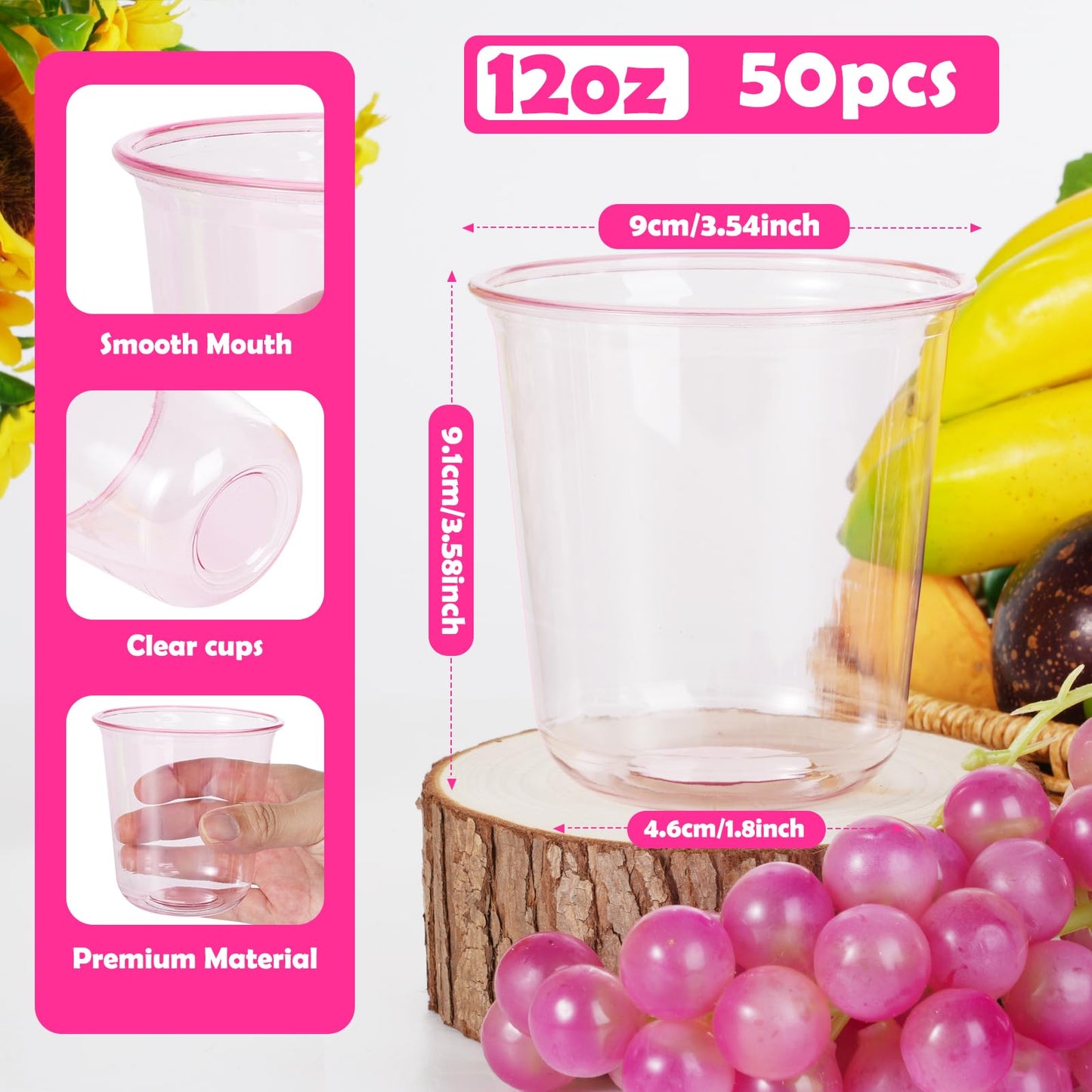 50 Pcs Pink Clear Plastic Cups 12 oz, Bulk Disposable Stemless Wine Glasses, Cute Pink Plastic Party Cups for Meeting Wedding Birthday Valentines Christmas Cocktail Theme Party Supplies Decorations