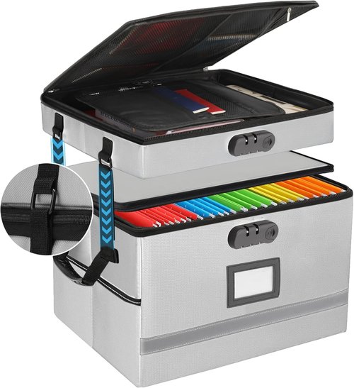 **EXLIFBAG Fireproof Document Organizer Box - Portable 2-Layer File Storage with Lock & Handle**