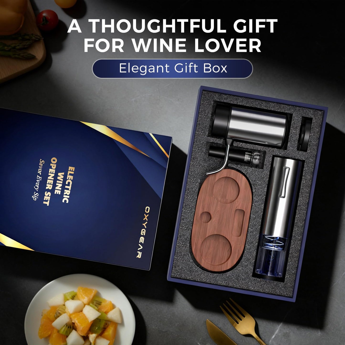 Rechargeable Electric Wine Opener 5-In-1 Set, Stainless Steel Automatic Wine Opener with Electric Wine Aerator, Foil Cutter, Wine Stopper & Base, Elegant Gift Box for Birthday, Housewarming, Christmas